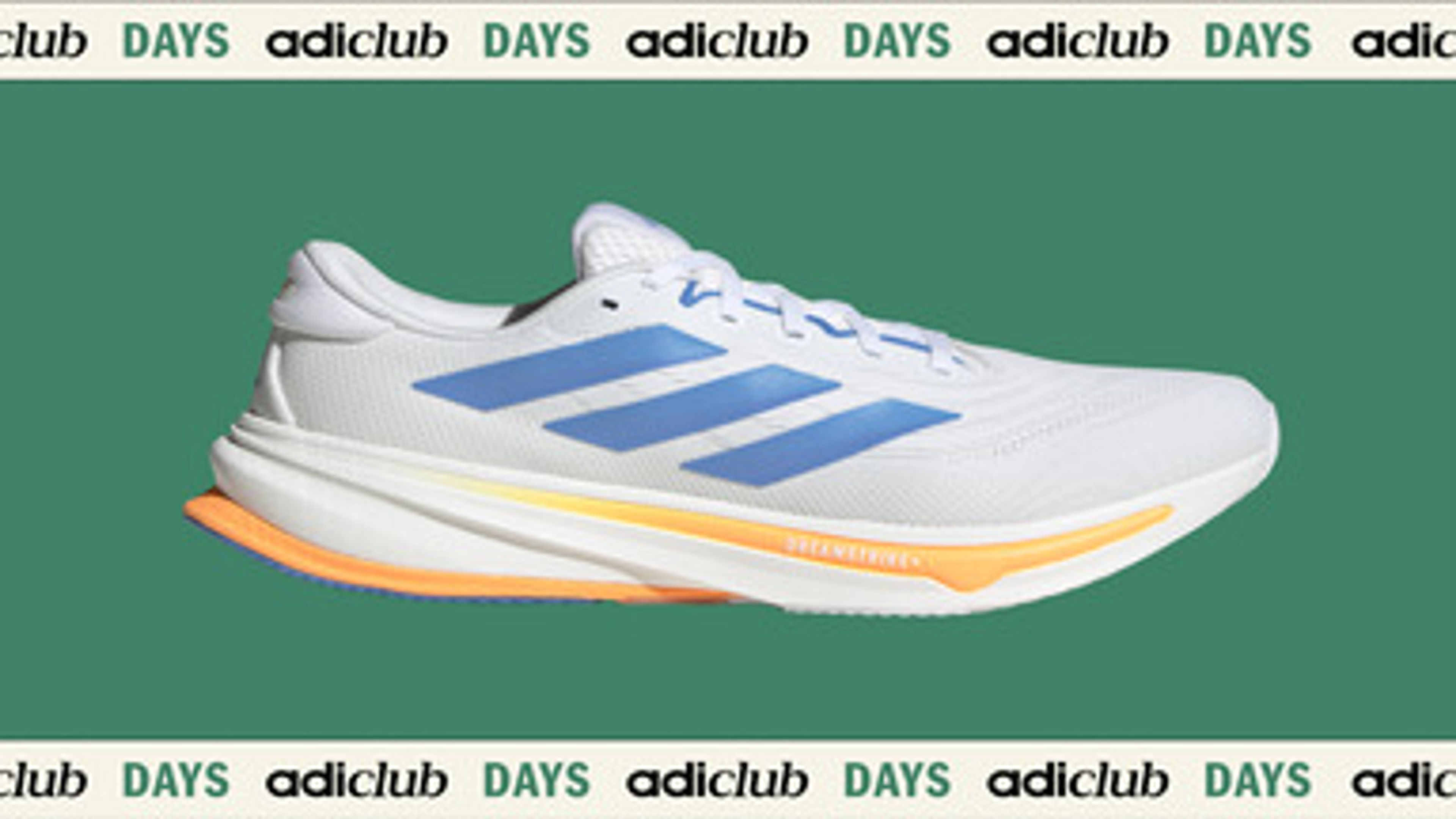 White Adidas Running Shoe With Blue Stripes